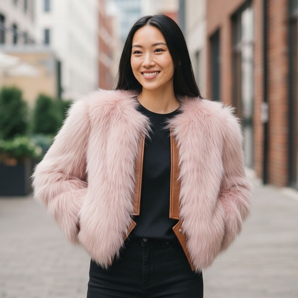 MaxMara Light Pink Fur Jacket With Leather Size Small - Picture 2 of 9